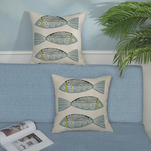 Coastal Pillow Covers 16x16 Inch 2 Pcs Blue Fish Ocean Beach Summer Outdoor Decor Throw Pillows Boho Nautical Farmhouse Holiday Decoration Pillowcase Linen Cushion Cover for Couch Sofa Bed - color: Blue Fish, size: 16" x 16" (Pack of 2)