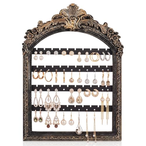 13 x 9.3'' Wall Hanging Earring Holder Black Vintage Jewelry Frame Organizers 4 Layer Wall Mounted Earrings Display Rack with Hooks Decorative Retro Jewelry Display for Necklaces - color: Black, size: 13 x 9.3''