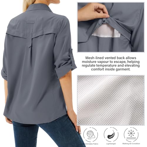 Women's UPF 50 Long Sleeve Sun Protection Shirts Safari Fishing Hiking - color: Dark Grey, size: Medium