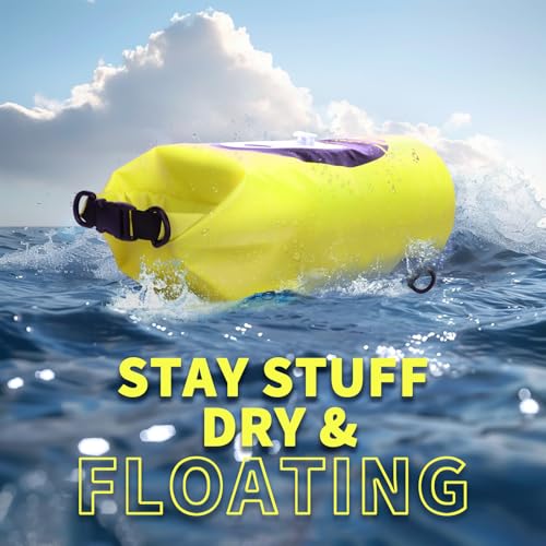 FELICON Waterproof Dry Bag Backpack with Bluetooth Speaker, 10L Roll Top Floating Sack, Solar & USB-C Powered Emergency Charger, RGB Light, Heavy Duty PVC for Kayaking Camping, Neon Yellow - color: Neon Yellow, size: 10L
