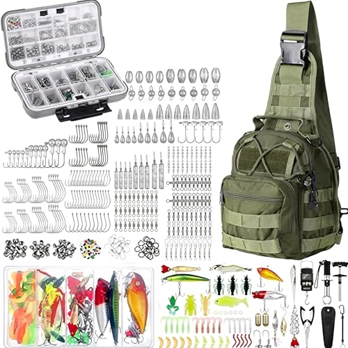 Sosation 482 Pcs Fishing Sling Tackle Bag Set Fish Tackle Box Backpack Storage Fishing Gear and Equipment Included Fish Hook Remover Tool Lures Lip Gripper, Gift for Men - color: Military Green