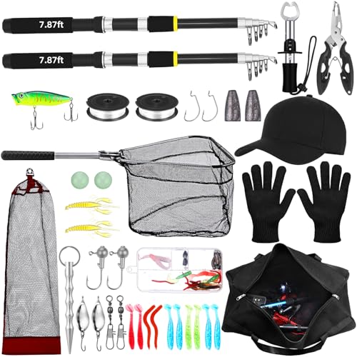 Telescopic Fishing Rod and Reel Combo 2 Pcs Collapsible Fishing Pole Kit with Plier Lip Gripper Lures Carrier Bag Pre-Loaded Spinning Reel for Beginner Men Travel Saltwater Freshwater - size: 7.87ft
