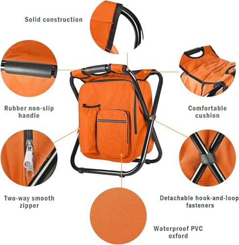 Kikerike Backpack Stool Cooler Chair Heavy Duty 300 LBS Max Load Portable Lightweight Stool Backpack Folding Fishing Cooler Seat for Camping Hunting Fishing - Orange - color: Orange
