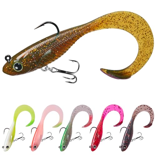 TRUSCEND Duramax TPE Soft Fishing Lures with BKK Hooks, Easy Catch Curly & T-Tail for Trembly Sinking & Vibrating Swim, UV or Glow Effect for All Conditions, Pre-rigged Swimbait for Bass Trout Crappie - color: A-2.5"-1/8oz