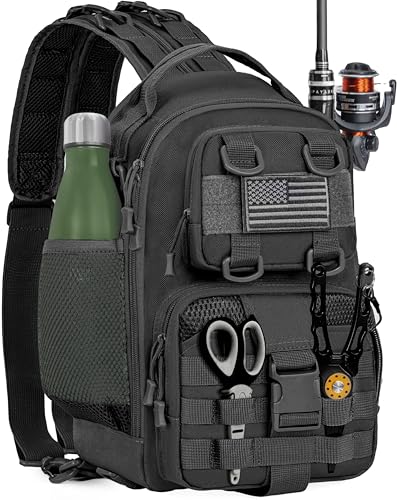 GMAK Fishing Backpack Tackle Sling Bag, Tactical Fishing Tackle Backpack with Rod & Gear Holder, Lightweight Outdoor Water-Resistant Tackle Gear Pack Shoulder Bags for Men Women, Black - color: Black, size: Standard, style: Sling Backpack