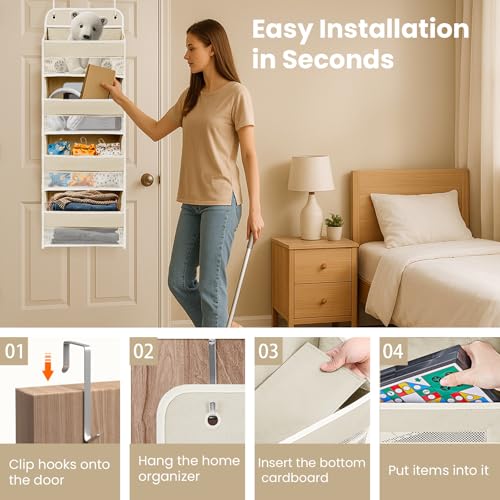 Over the Door Organizer with 4 Side Mesh Pockets, 4 Shelf Capacity Hanging Behind the Door Kitchen Organizers and Storage Suitable for Storing Toys, Shoes, Towels, Lvoy White, 4 Shelf - color: Ivory White, size: 4 shelf