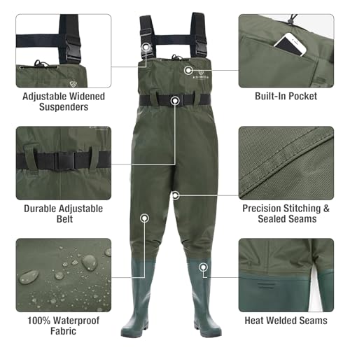 FISHINGSIR Fishing Waders for Men, 2-Ply Nylon/PVC Waterproof Women Chest Wader with Boots, Bootfoot Hunting Waders - color: Green, size: M08/W10
