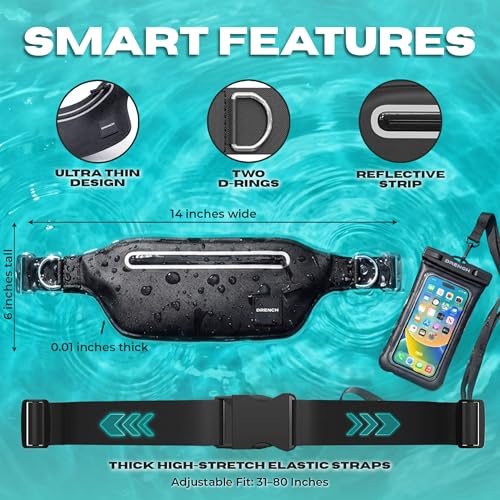 DRENCH Waterproof Fanny Pack with Floating Phone Pouch, IPX8 Submersible Waist Pack Dry Bag for Swimming, Snorkeling, Kayaking & SUP, Waterproof Belt Bag for Beach, Travel & Water Sports - color: Black With Rings