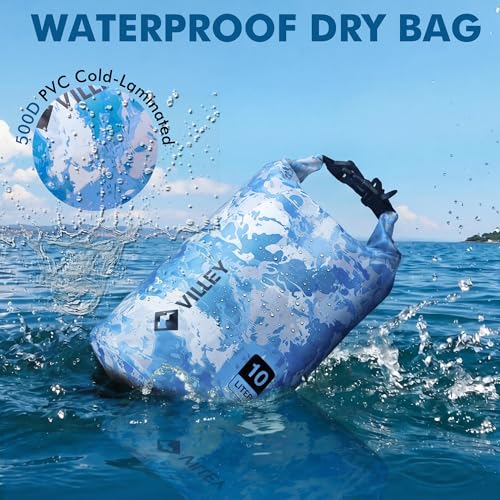 VILLEY Dry Bag Waterproof 20L Roll Top Storage Backpack, Keeps Gear Dry Lightweight Backpack for Kayaking Boating Camping Swimming and Beach Accessories Blue Camo - color: Blue Camo, size: 20L
