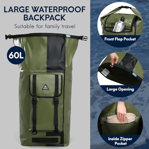Haimont Dry Waterproof Roll Top Backpack Marine Dry Bag River Pack with Waist Belt Camping Surfing 60L, Army Green/Black - color: Army Green/Black, size: 60L