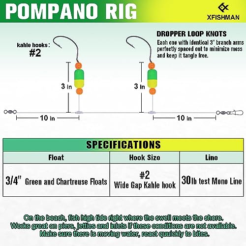 Pompano-Rigs-for-Surf-Fishing-Saltwater-Gear with Double Circle & Wide Gap Hook-6-Pack Surf Fishing Tackle - color: Green and Chartreuse 6-Pack, size: #2 Wide Gap Hook
