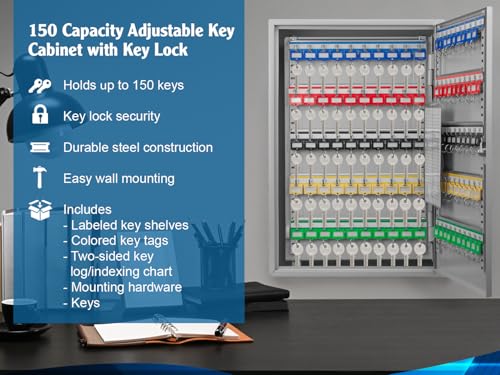 Barska Steel 150 Key Cabinet Organizer – Locking Wall Mount Safe with Numbered Hooks, Index Sheet & Key Tags for Business or Office Security - color: Grey, style: 150 Keys