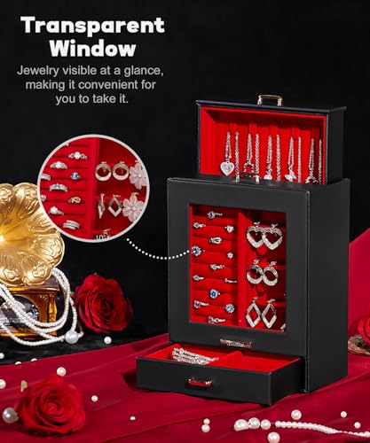 Homde Jewelry Organizer Girls Women Jewelry Box for Necklaces Rings Earrings Gift Bracelets Storage Case (Black + Red + Gold) - color: Black + Red + Gold
