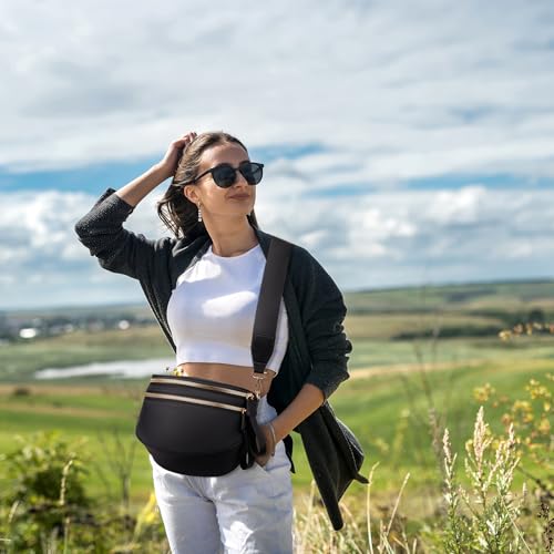 Pure Colour Crossbody Bum Bags for Women Spacious Checkered Cross body Bag Nylon Trendy Fanny Pack for Travel - color: Black
