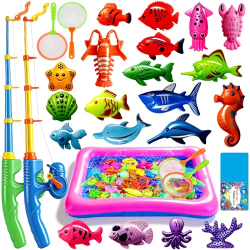 CozyBomB™ Magnetic Fishing Toys Game Set for Kids | Water Table Bathtub Kiddie Pool Party Pole Rod Net, Outdoor Plastic Floating Fish, Toddler Bath Color Ocean Sea Animals Birthday Gift Age 3-5 6 4-8 - size: 20 Fishes