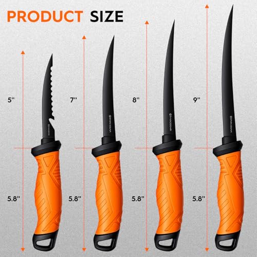 BasicGear Fishing Fillet Knife Set of 4 – 5”, 7”, 8”, 9” 440C Stainless Steel Knives with Non-Stick Blades, Sheaths, Sharpener, and Carry Bag – Deboning and Filleting Tools for All Fish Types