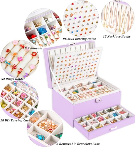 QBestry Earrings Jewelry Box for Girls, 5 Layers Jewelry Organizer with Earring Holder Organizer for Girls Earring Organizer Jewelry Boxes for Women Earrings and Necklaces Jewelry Box Organizer Violet - color: Purple, size: Large
