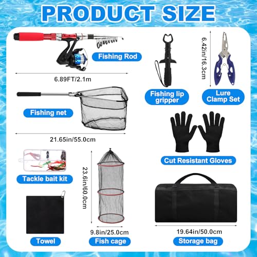51 Pcs Fishing Rods Combo 6.89ft Telescopic Freshwater Pole Set with Plier Lip Gripper Lures Carrier Bag Pre Loaded Spinning Reel with Freshwater Rod Reel Kit Father Men Gift - color: Red