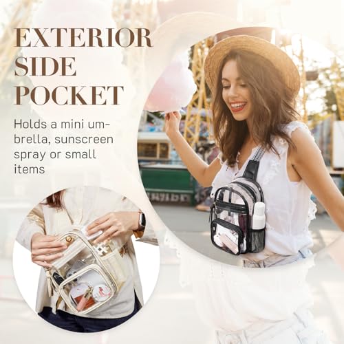Missnine Clear Bag for Stadium Events Clear Sling Bag Fanny Pack Crossbody Purse for Sport Concert with Side Mesh Pocket - color: E-black[side Pocket]