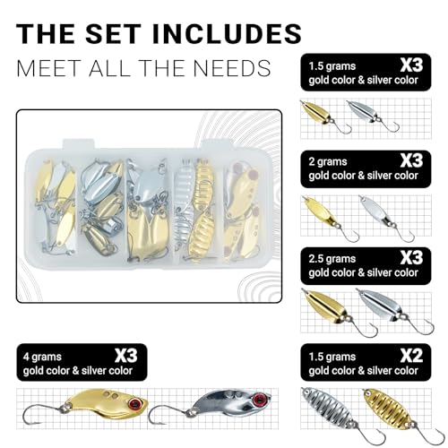 28pcs Spoon Fishing Lures Set with Hooks, Hard Metal Trout Spoons & ice Fishing Spoons for Salmon, bass, and Saltwater Fishin - color: Gold&Silver