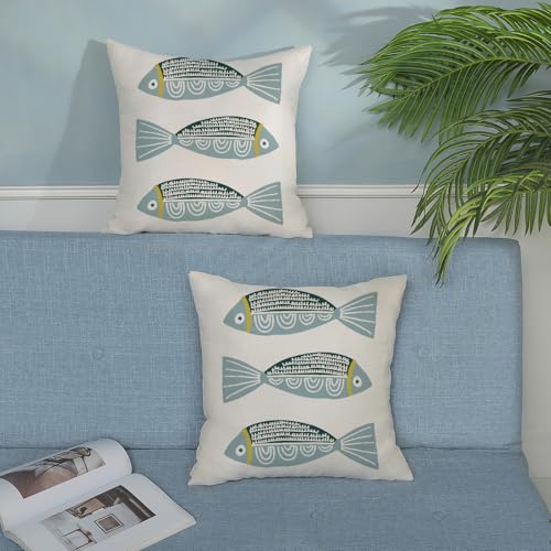 Coastal Pillow Covers 18 x 18 Inch Set of 2 Ocean Beach Blue Fish Throw Pillows Summer Natical Outdoor Decorative Pillow Cases Linen Farmhouse Cushion Case for Couch Home Sofa Bedroom Decor - color: Blue Fish, size: 18" x 18" (Pack of 2)