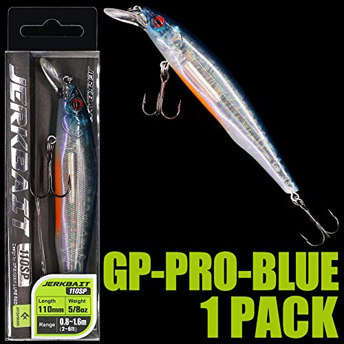 XFISHMAN Jerkbait Kit - Minnow Lure - Suspending - Bass, Smallmouth Bass, Walleye, Largemouth Bass - 1 Piece - color: Gp-Pro-Blue, size: 110mm（4-3/8"in）