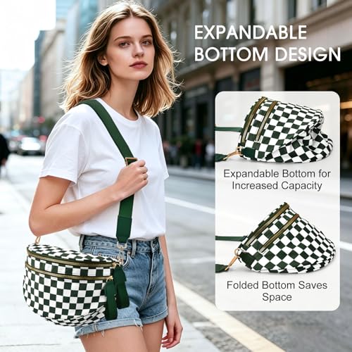 Checkered Nylon Crossbody Bag Bum Bag for Women Mom Large Checkered Fanny Packs with Adjustable Strap - color: Bean Green Checkered