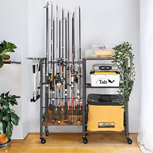 Olakee Fishing Rod Holders, Rolling Fishing Rod Rack for Garage & Boat, Tackle Box & Reel Holder Cart, Easy Assembly Fishing Gear Management System, Ideal Birthday Gift for Men Dad Anglers - color: 12 Rods,Carbonized Black