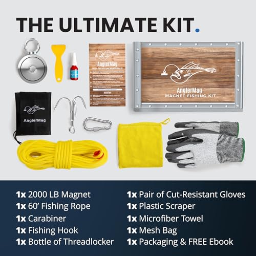 AnglerMag Magnet Fishing Kit - 2000 lbs Double Sided Neodymium Magnetic Fishing Stuff with Rope - 10 PCS Extra Strong Complete Gift Set with eBook, Carabiner, Gloves, Grappling Hook & Carrying Bag - size: 2000 LB