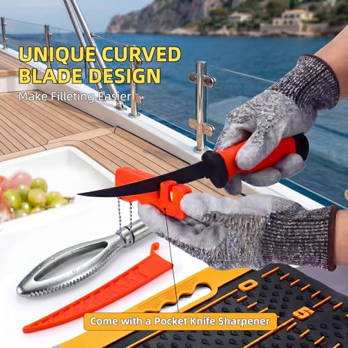 7 Pcs Fish Fillet Knife Set Fishing Cleaning Kit with 7" Stainless Steel Fillet Knife Non-slip Silicone Fish Mat Digital Scale Sharpener Scaler Cut Resistant Gloves Carrying Bag(Orange)