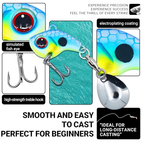 10pcs Vib Metal Fishing Spoons Kit, Spinner Baits for Bass Fishing, Trout Lures, Ice Fishing Jig, Rooster Tail Lures, Salmon, Two-Way Blade, Anti-Tangle