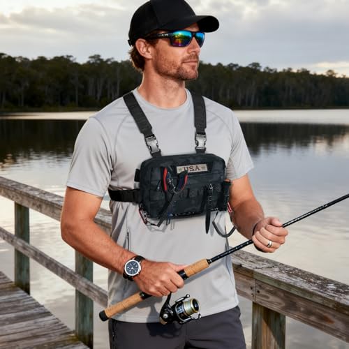 Outdoor Chest Bag for Men, Water-Resistant Fishing Chest Pack, Tactical Vest for Running, Cycling, Hiking - color: Black Camo