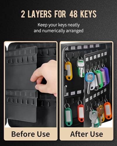 Uniclife 48 Position Key Cabinet with Combination Lock Resettable Black Digital Security Storage Box Steel Key Organizer with Colorful Key Tag Labels Stickers and Hooks - color: Black, size: 48 Keys