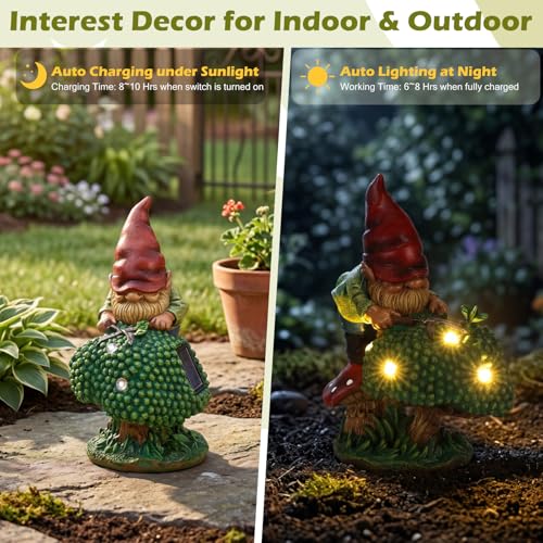 EXYGLO Solar Gnome Garden Statue Decor, 7.4" Gnome Gardener Outdoor Funny Decoration for Lawn, Patio, Yard, and Unique Housewarming, Birthday Ornament Gift for Mother, Friend, Family - style: Gardener Gnome