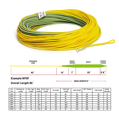 Gold Fly Line 90FT Weight Forward Floating 2 3 4 5 6 7 8 9WT Fly Fishing Line - color: MOSS GREEN + FLUO YELLOW, size: WF4F-90FT