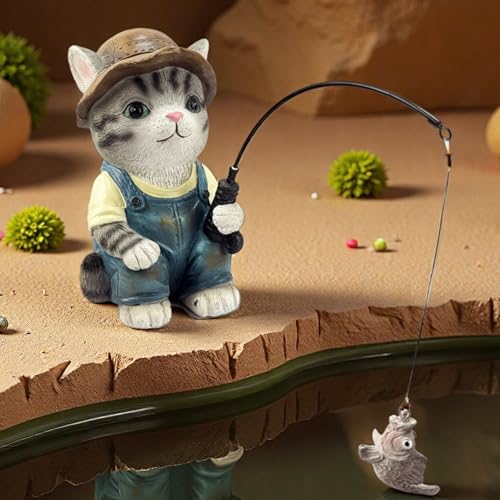GARDEN WHISPER Cat Statue Outdoor Koi Pond Garden Decoration, Grey Cat Decor for Yard 7.1'' Fishing Tabby Statue Outdoor Garden Decor, Fishing Guy for Waterfalls or Koi Pond Additioanl, Gifts for Mom - color: Fishing Cat（grey）
