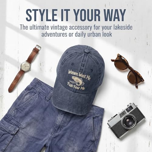 Fish Hats for Men Women,Funny Fishing Lover Gifts,Embroidered Washed Distressed Baseball Cap,Vintage Trucker Hat - color: Women-blue