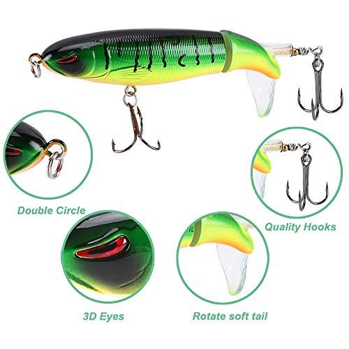 6PCS Whopper Fishing Lure, Bass Popper Lure kit, Topwater Fishing Lures with Rotating Tail with Storage Box, Floating Popper for Freshwater Saltwater