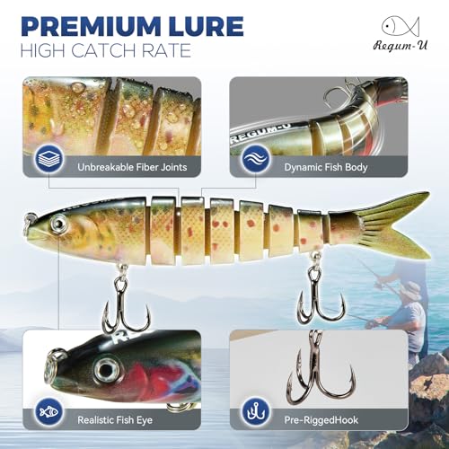 Crown Fishing Lures 8 Segment Realistic Swimbait with 3D Eyes Vibrating Actions,Smooth Lifelike Swimming for More Bites,Reinforced Fiber Joint