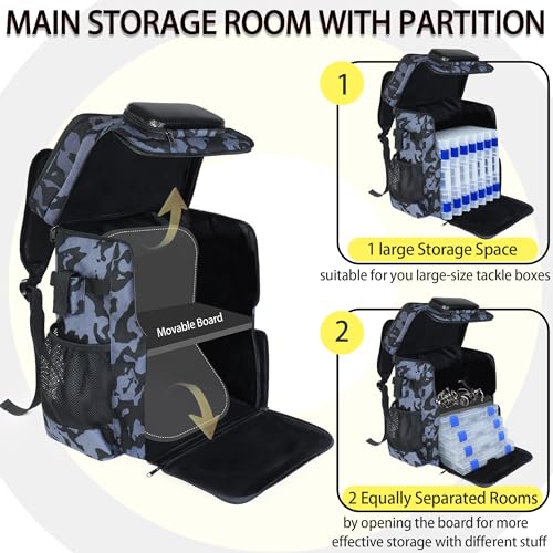 Fishing Backpack with Rod Holder, Large 50L Tackle Bag Water Resistant Tackle Backpack Heavy Duty Fishing Bag Gift for Men Woman - color: H: Camo Yellow
