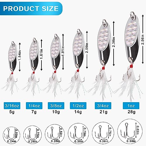 Fishing Lures Casting Spoon Lure, 5pcs Hard Metal Spoon Fishing Lures for Trout Bass Crappie Pike Walleye Saltwater Freshwater Fishing Gear 3/16oz-2oz - color: Silver-feather, size: 1/4oz(7g)