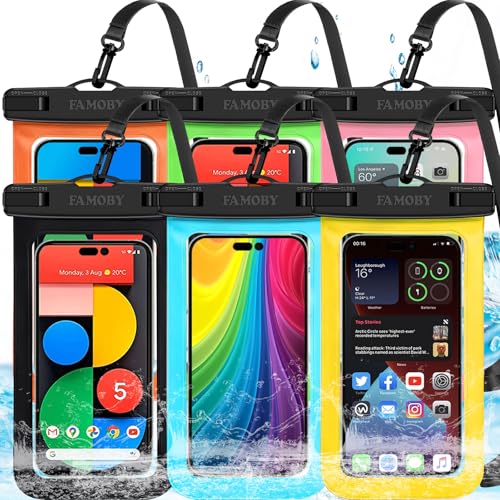 Famoby 6 Pack Multicolor Waterproof Phone Pouch,Phone Case Dry Bag,Protection Level: IP68,Beach Cruise for iPhone,Samsung,and More,Lanyard Included,(Up to 8.3”),Black,Blue,Pink,Orange,Yellow,Green - color: Multicolor 6,Black,Blue,Pink,Orange,Yellow,Green