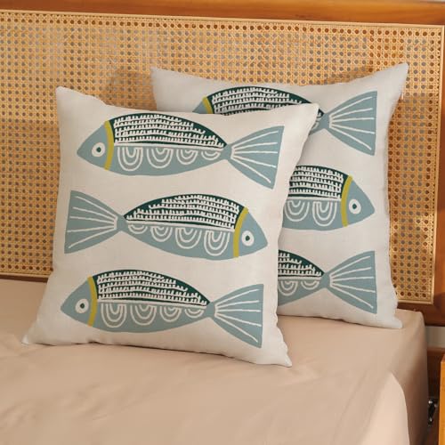 Coastal Pillow Covers 16x16 Inch 2 Pcs Blue Fish Ocean Beach Summer Outdoor Decor Throw Pillows Boho Nautical Farmhouse Holiday Decoration Pillowcase Linen Cushion Cover for Couch Sofa Bed - color: Blue Fish, size: 16" x 16" (Pack of 2)