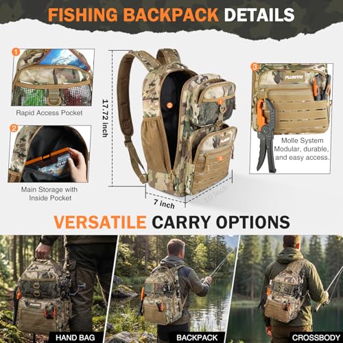 PLUSINNO Fishing Gear Fishing Backpack with Tackle Box, Waterproof tackle Backpack with Rod Holders, Lures, Tools, Pliers & Accessories, Fish Gifts for Men - color: Khaki Fishing Backpack With Fishing Kit
