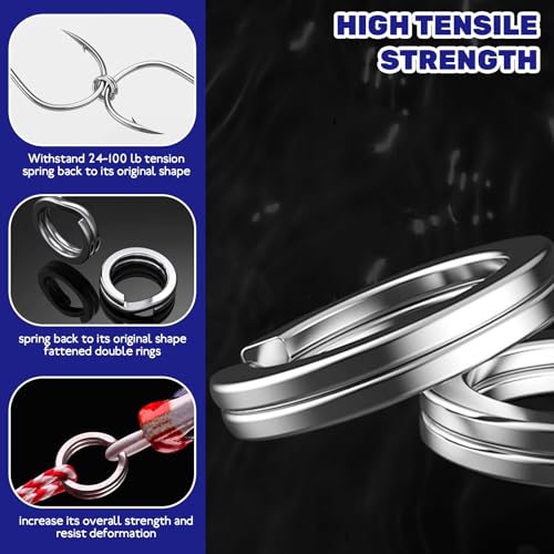 5 Sizes Fishing Split Rings Assortment Kit Stainless Steel Double Flat Lure Tackle Connector 30lb to 120lb Test for Trolling Jigging Offshore