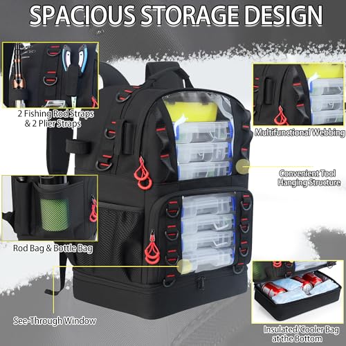 Fishing Tackle Backpack with Cooler,45L Large Tackle Bag with 2 Rod Holders & Clear Window,Outdoor Fishing Backpack for Fishing,Camping,Hiking,Black - color: Black