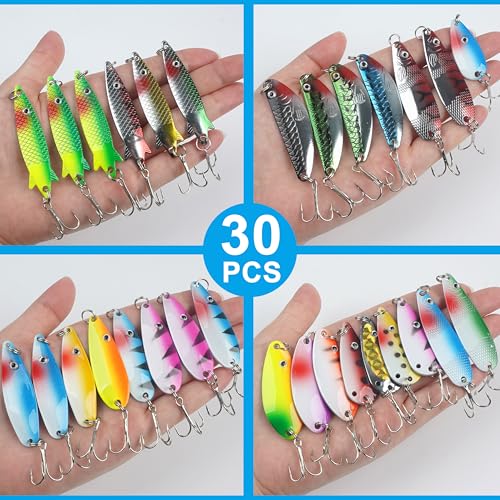 Fishing Spoons Lures Kit, 30pcs Metal Spoon Fishing Lures Assortment Spinner Baits Trout Lures Casting Trolling Spoons with Treble Hooks for Bass Pike Walleye Saltwater Freshwater