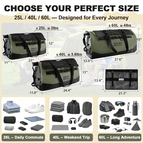 OSAH DRYPAK Waterproof Duffel Bag 25L/40L/60L – Heavy-Duty Motorcycle Tail Bag, Roll-Top Dry Bag for Travel, Camping, Boating, Kayaking, Outdoor Adventure - color: OLIVE, size: 25L