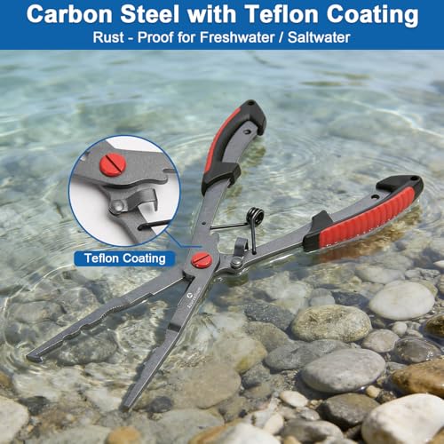 Fishing Pliers – Teflon Coated Stainless Steel Long Nose Hook Remover | Braid Line Cutter, Split Ring Pliers, Non-Slip Grip | Saltwater & Freshwater Fishing Tool