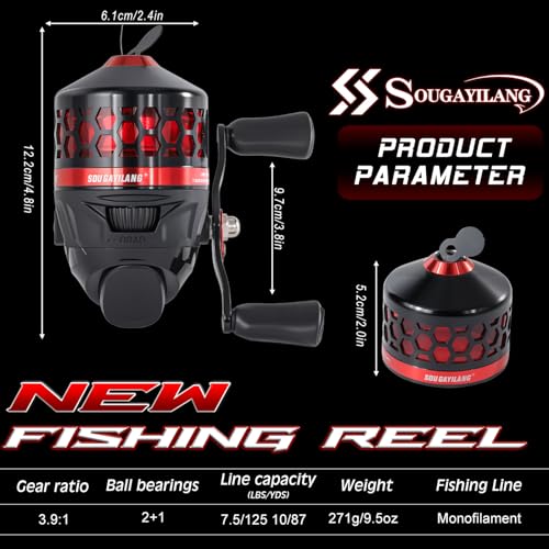 Sougayilang Spincast Fishing Reel,High Speed 3.9:1 Gear Ratio,Trouble-Free Push-Button Bait Casting Design and Reversible Handle for Left/Right Retrieve,Pre-Spooled with Monofilament Line - color: Black Red Spincast Reel